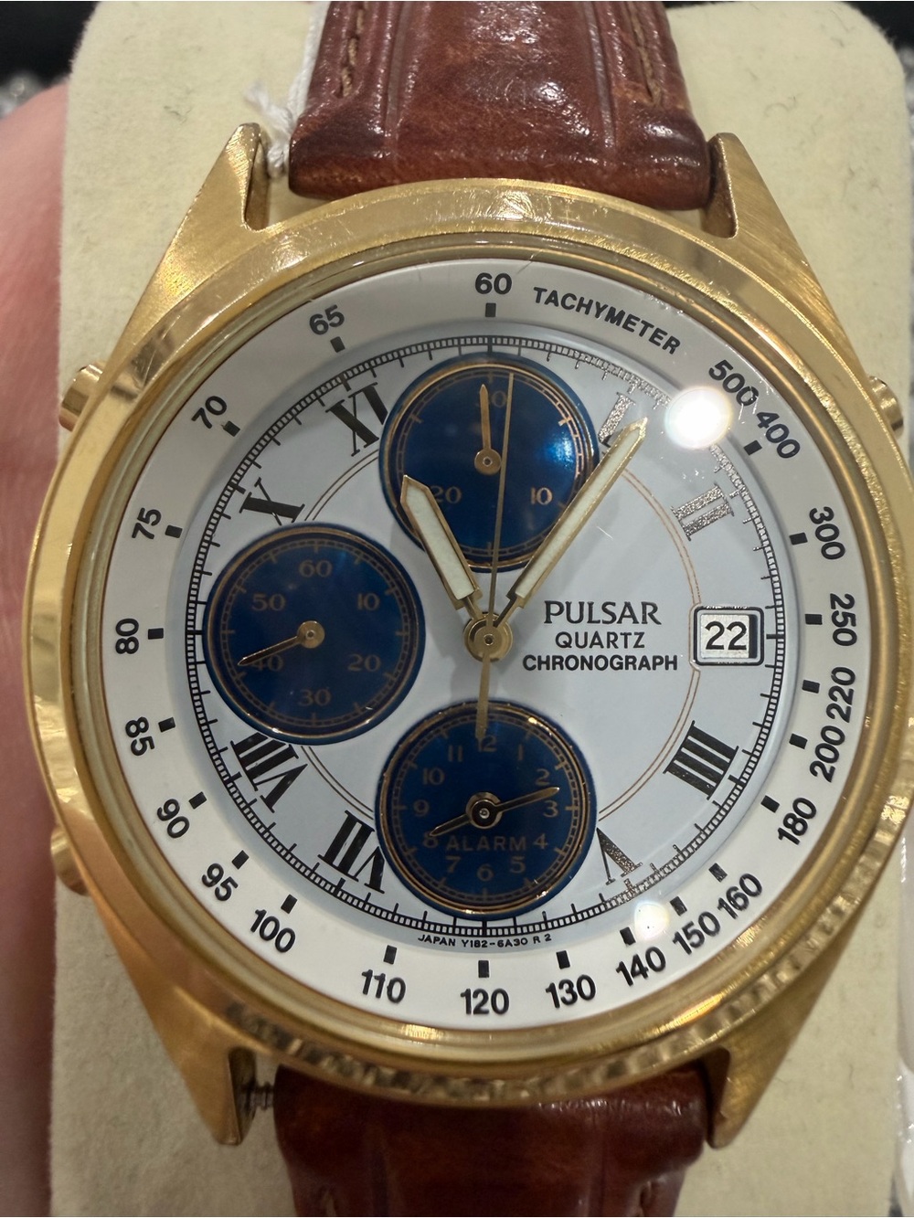 Pulsar Gold-Tone Chronograph Watch with Blue Subdials and Brown Strap